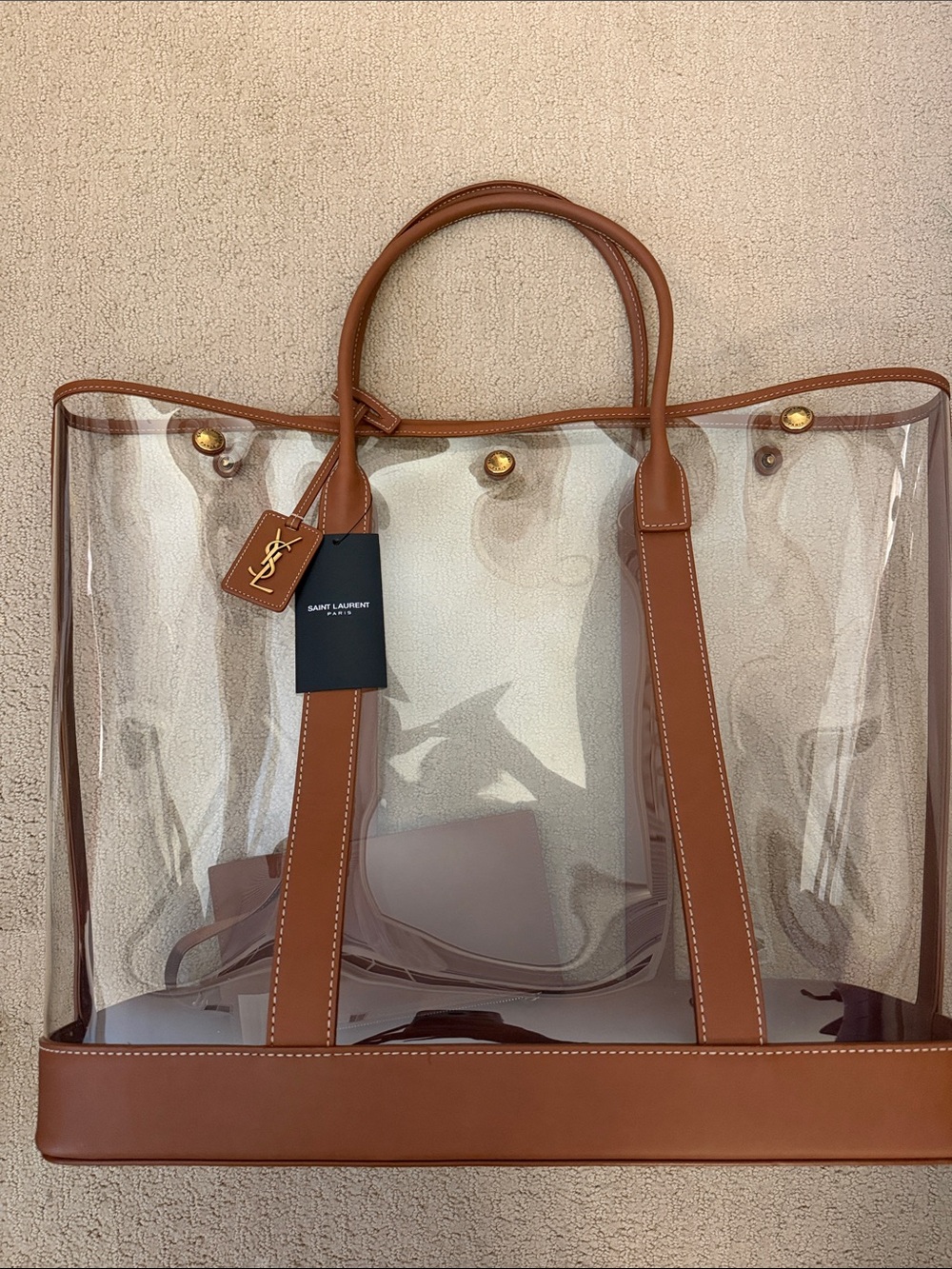Saint Laurent Transparent Tote with Brown Leather Trim and Gold Hardware